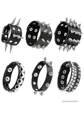 Punk Studded Leather Cuff Bracelets - Adjustable Gothic Spike Wristband Set